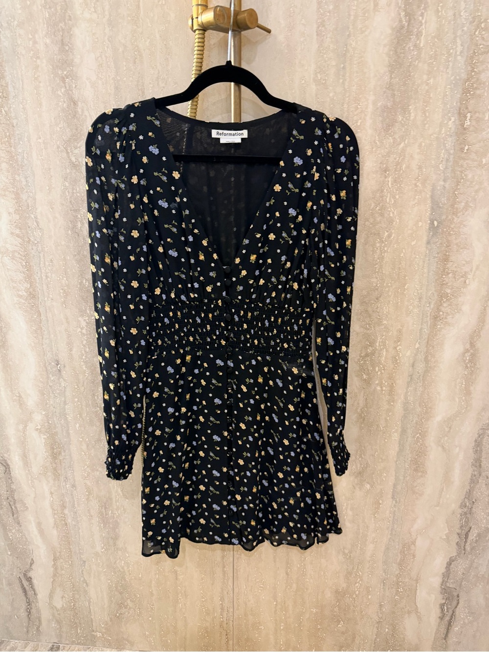 Reformation Black Floral V-Neck Smocked-Waist Long Sleeve Mini Dress